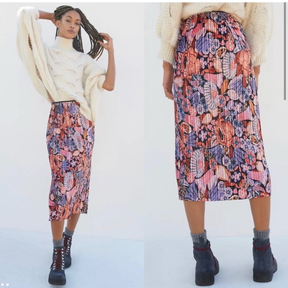 Anthropologie Vibrant Floral Midi Skirt - Pink and Purple